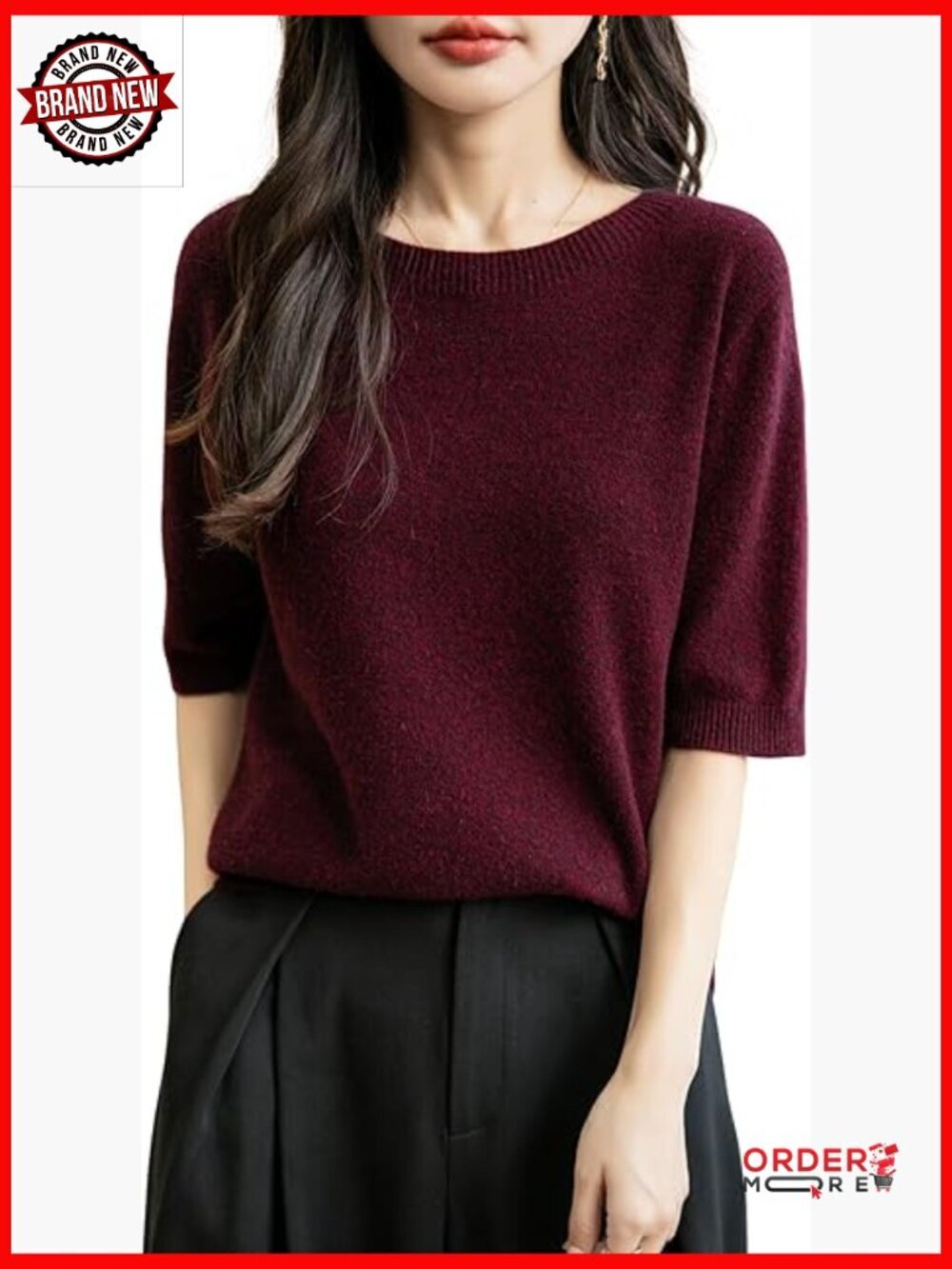 100% Merino Wool Crewneck Short Sleeve Sweater Pullover Seamless Knit